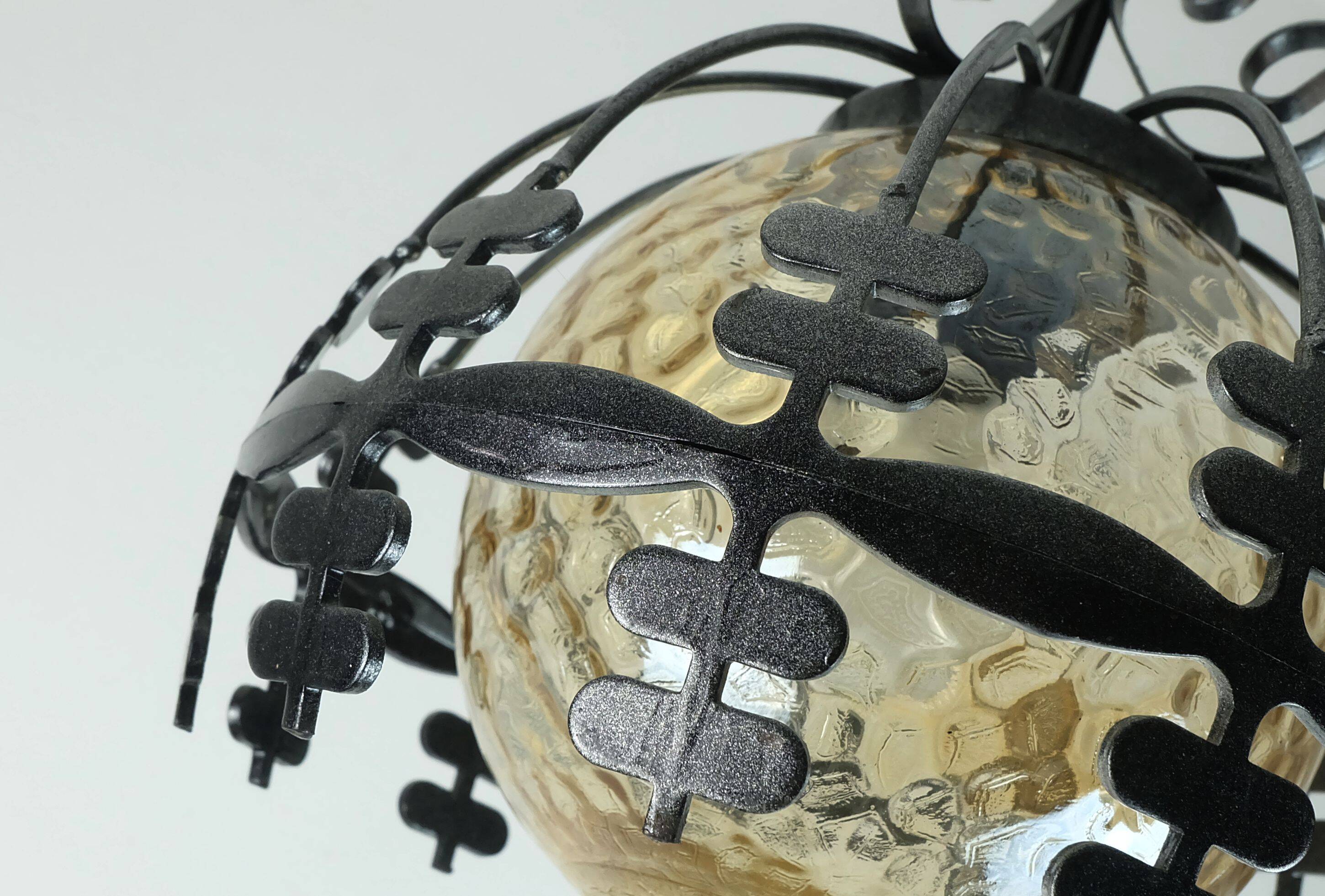 1970s Amber Glass Pendant Light with Iron Frame - 2 Available