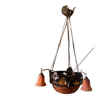 Large Art Nouveau chandelier with 3 tulip-shaped glass shades signed Daum Nancy.