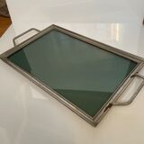 Plateau art deco bronze argenté verre anses rayé