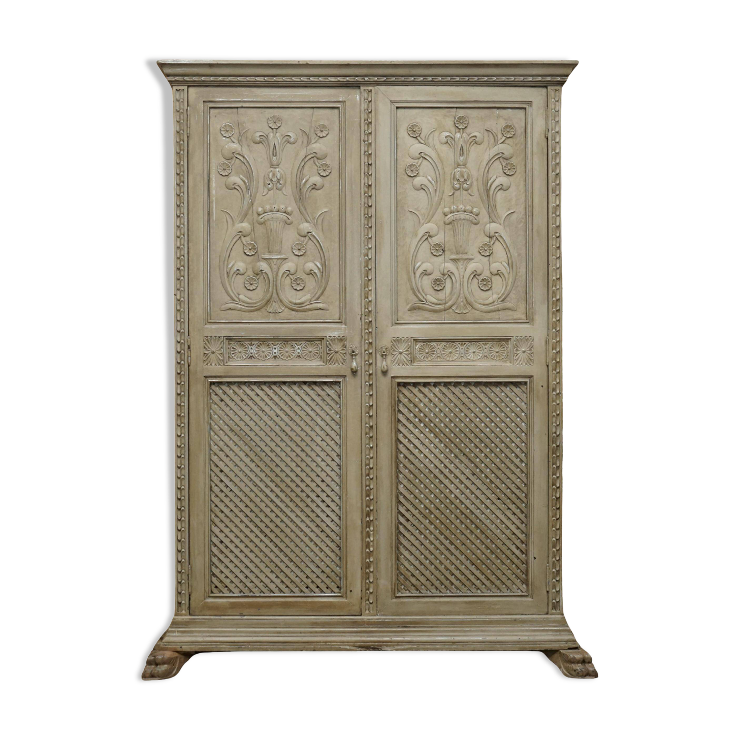 Jacobean Revival armoire, hand-carved, painted - 1840-1860
