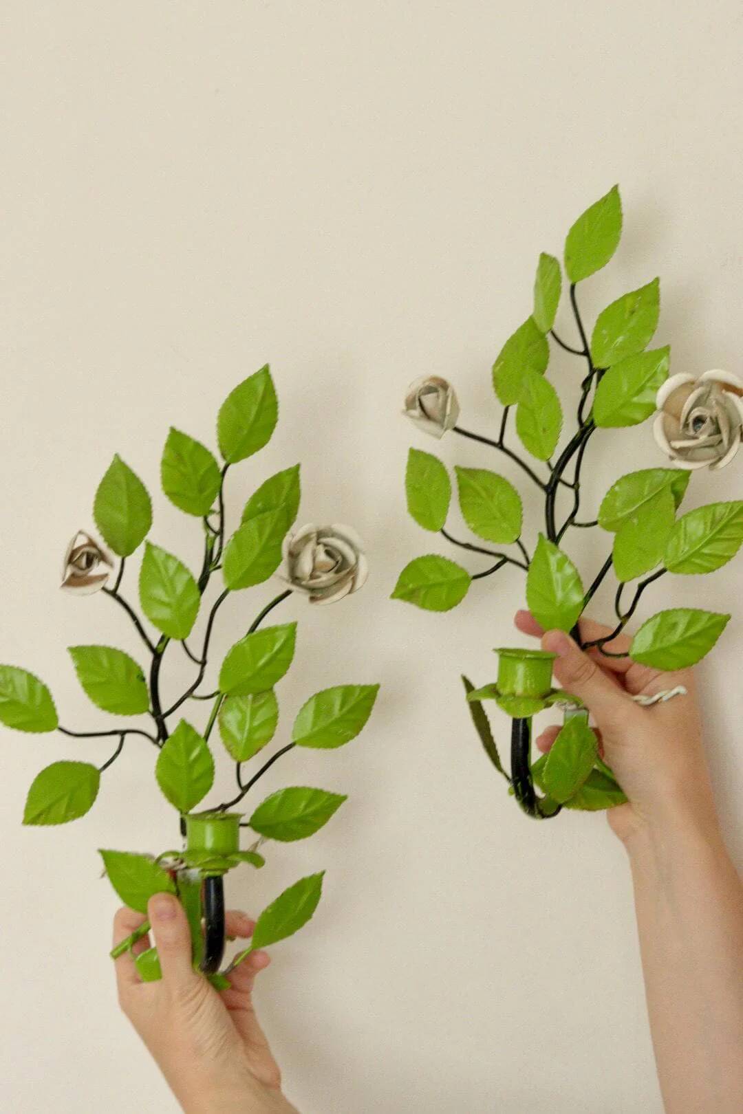 Pair of vintage green metal wall sconces – leaf-shaped