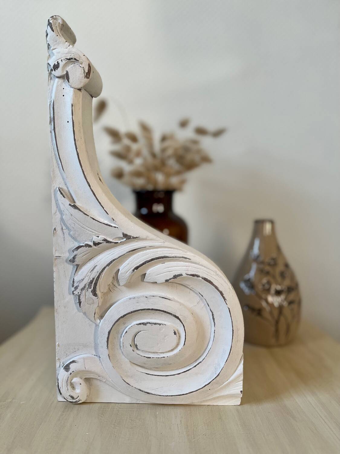 Shabby chic white patina pediment woodwork