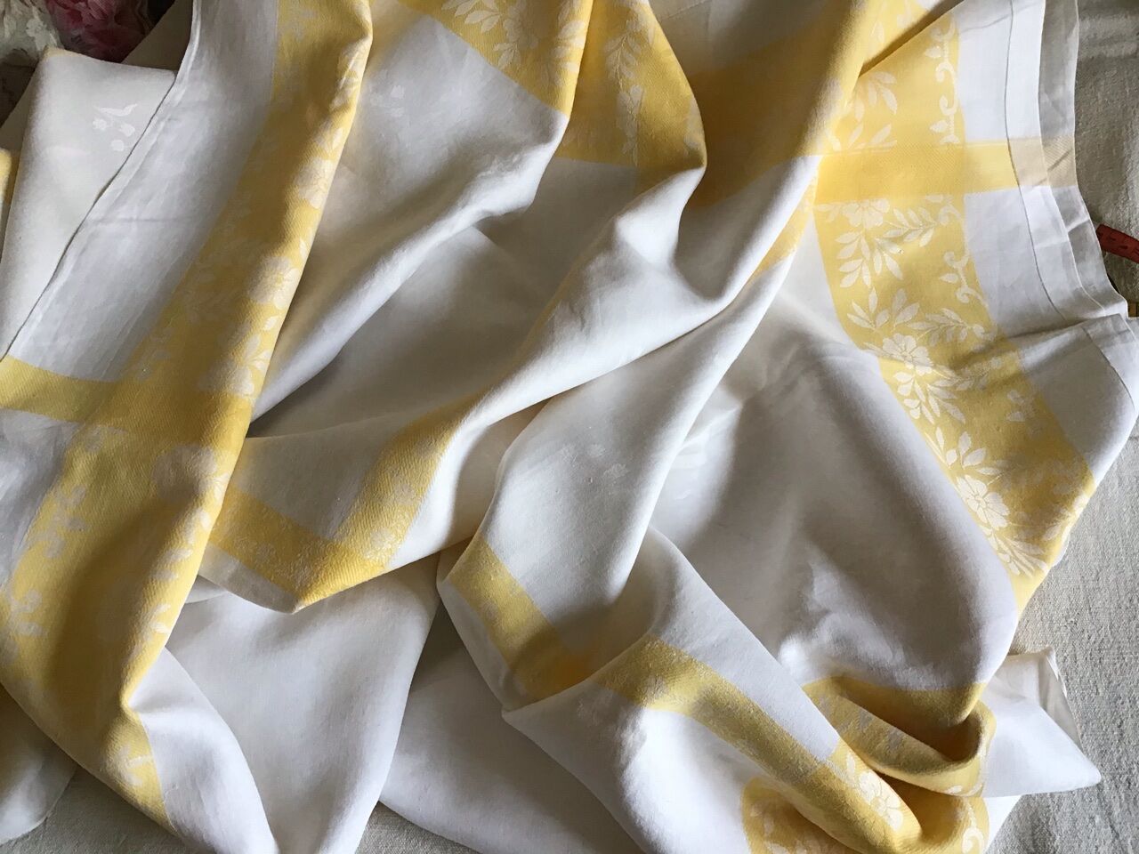 Large yellow and white vintage tablecloth