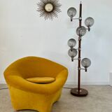 Old Scandinavian design wooden floor lamp from the 60s with 6 vintage lights