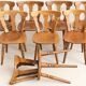 Set of 8 rustic bistro chairs in beech wood with honey patina, 1950s.