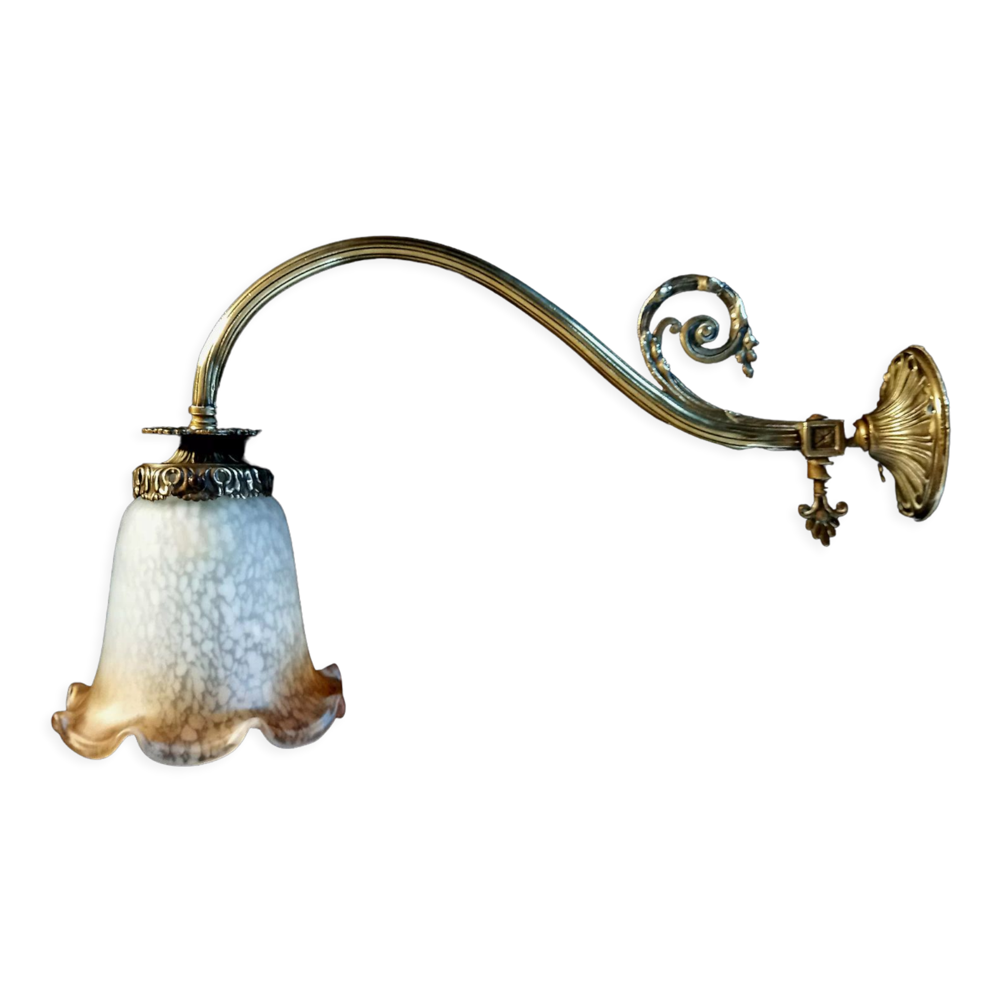 Brass wall lamp with speckled glass tulip