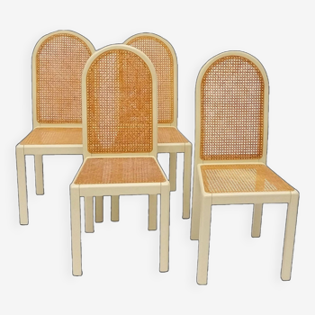 Set of 4 Italian design chairs 1970 1980 light lacquered wood cane