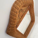 Wicker rattan mirror and carved insert 60s, 75x53 cm