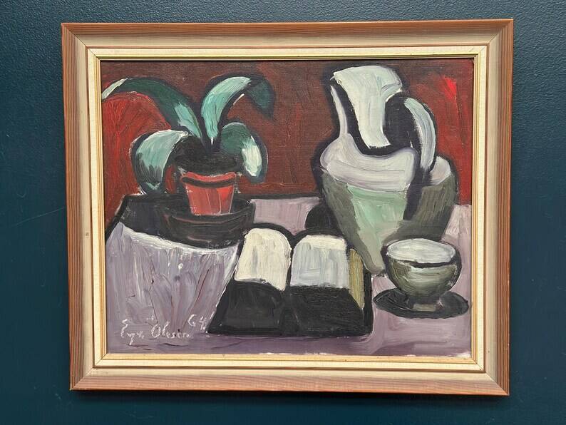 Original Swedish Oil on Canvas – “Pitcher and Plant” by Evy Olesen