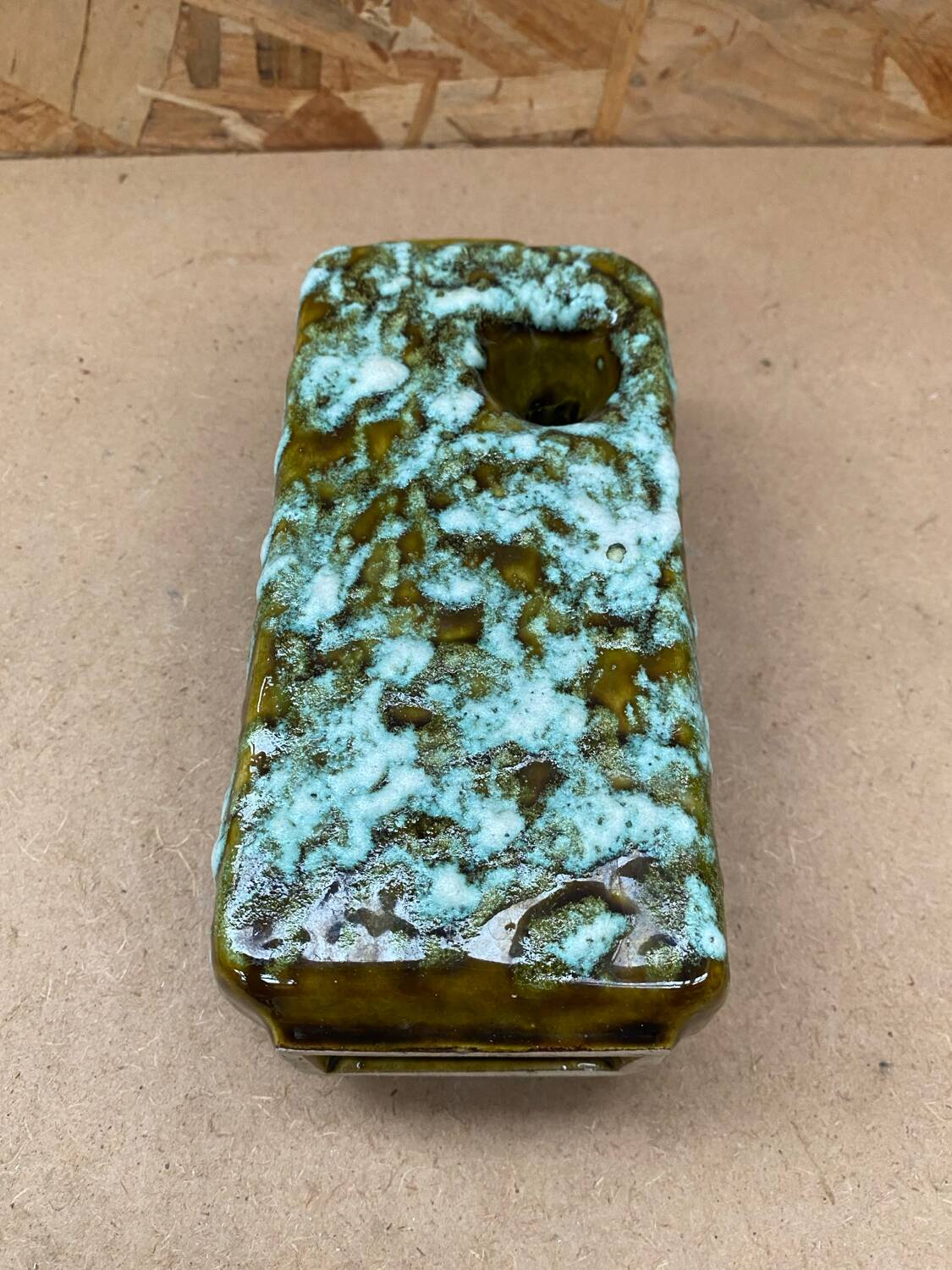 Ancien vase marei forme rectangle fat lava vert & blanc vintage
