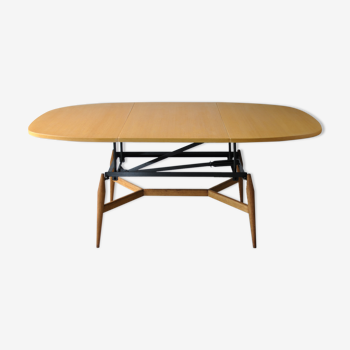 Table basse teck Smørrebrød à système "monte et baisse".1960