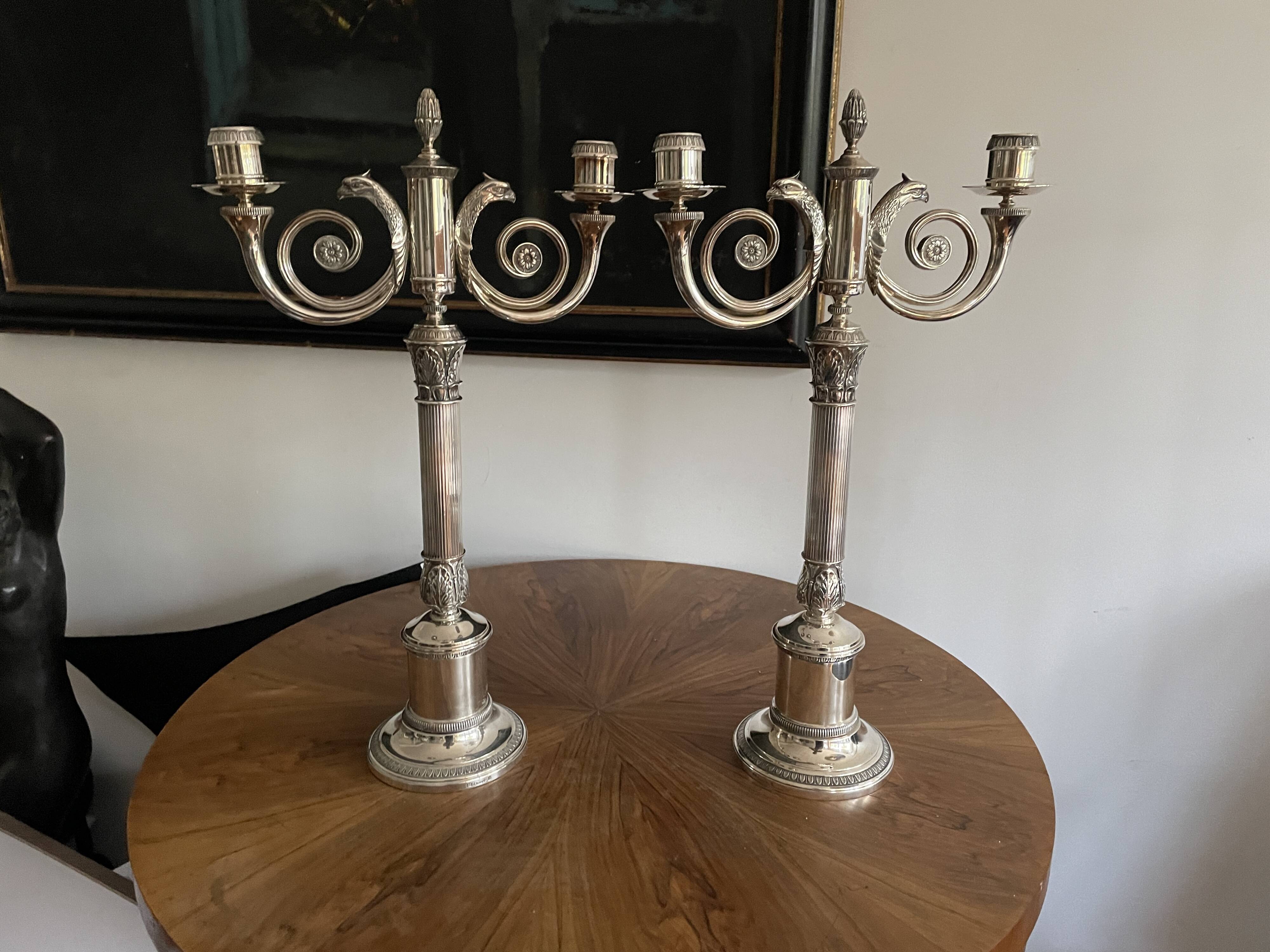 Christofle. Pair of candlesticks, Candelabras, Candlesticks in silver metal. Malmaison model. (New)