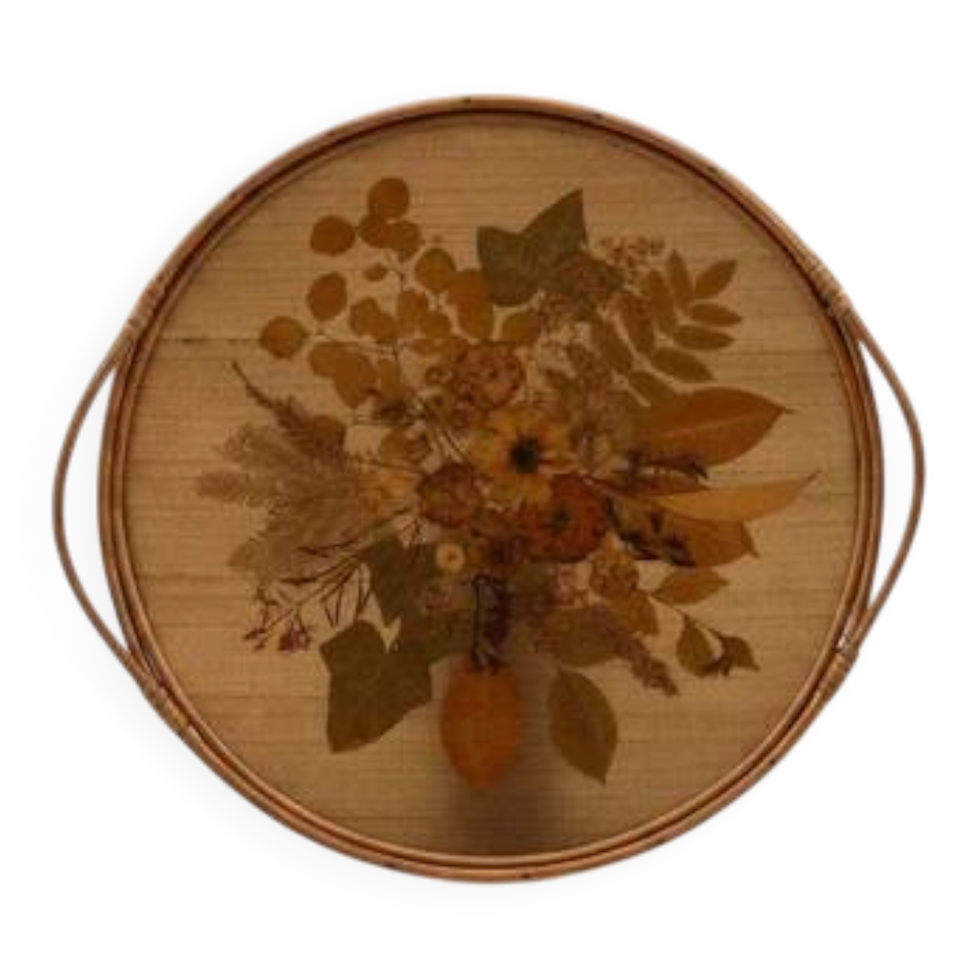Plateau rond vintage rotin - fleurs séchées sous verre