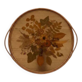 Plateau rond vintage rotin - fleurs séchées sous verre