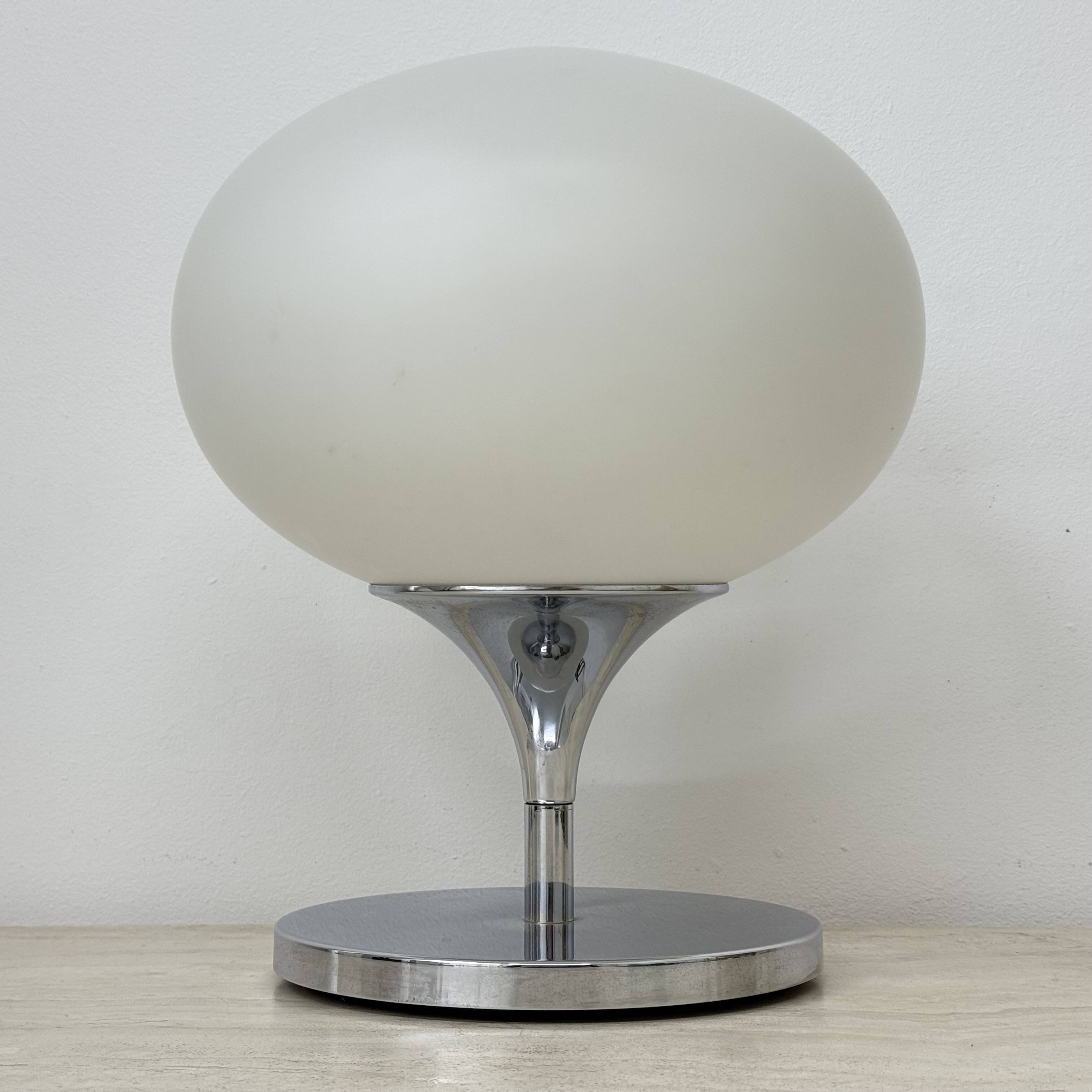 Opaline glass chromed steel & cast iron Space Age lamp by Kaiser Leuchten,