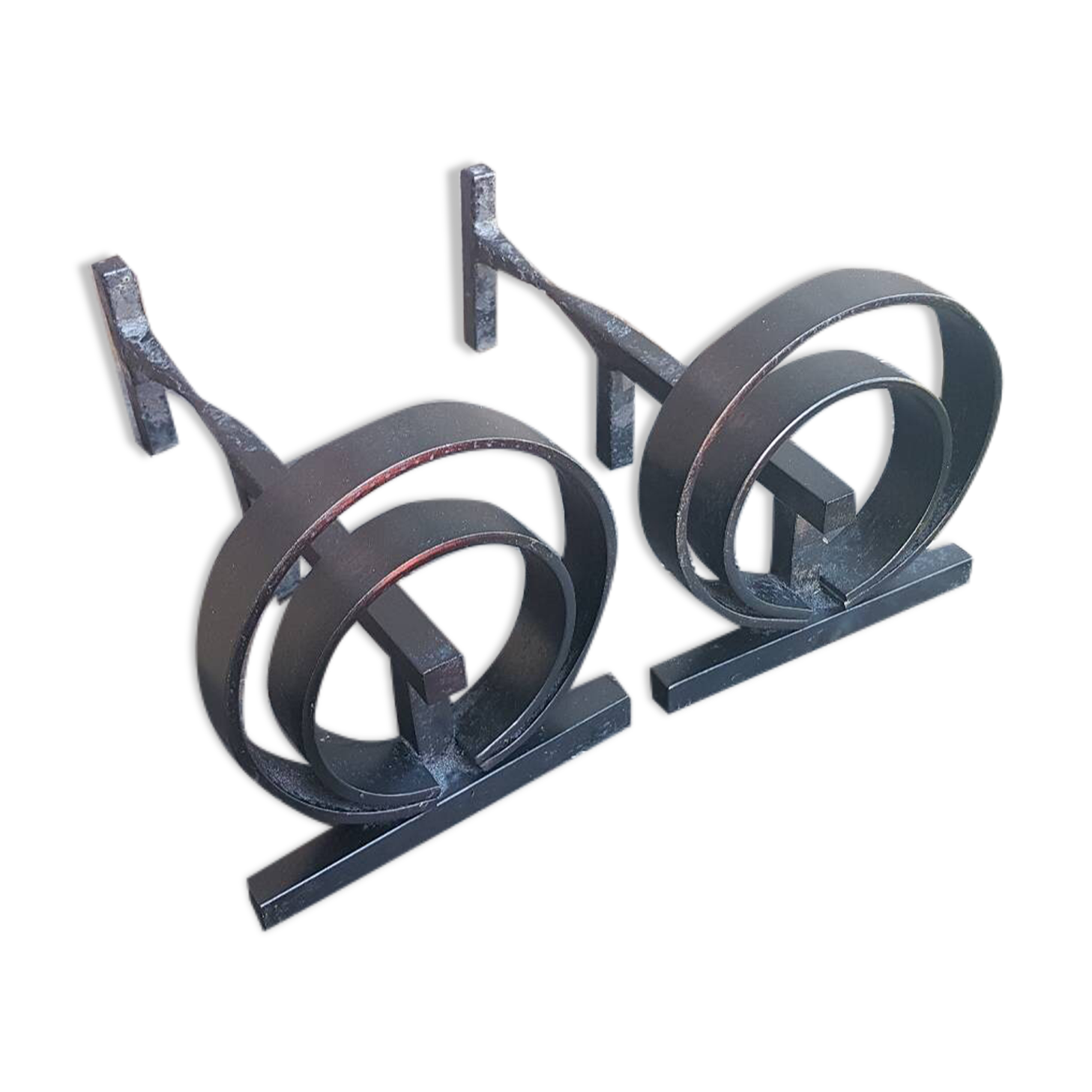 Pair of wrought iron fireplace andirons circular shape vintage