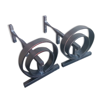 Pair of wrought iron fireplace andirons circular shape vintage