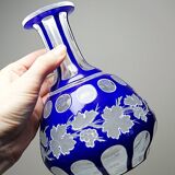 Pair of small crystal vases "overlay" cut with antique blue and white enamel