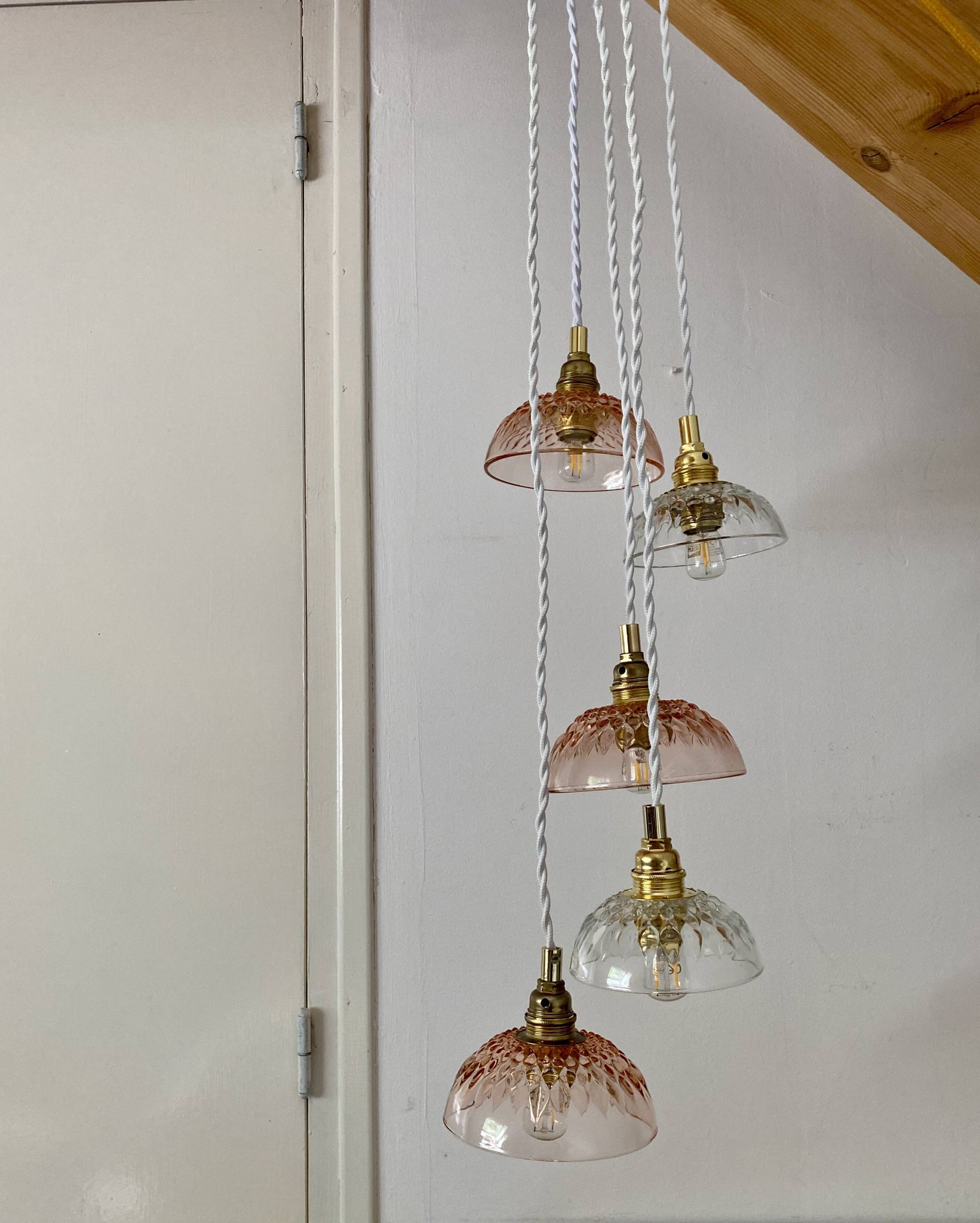 5-light waterfall pendant light with vintage pink and transparent glass shades