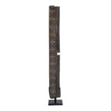 Indonesian construction element in carved wood with cross pattern in red, white geometric frieze