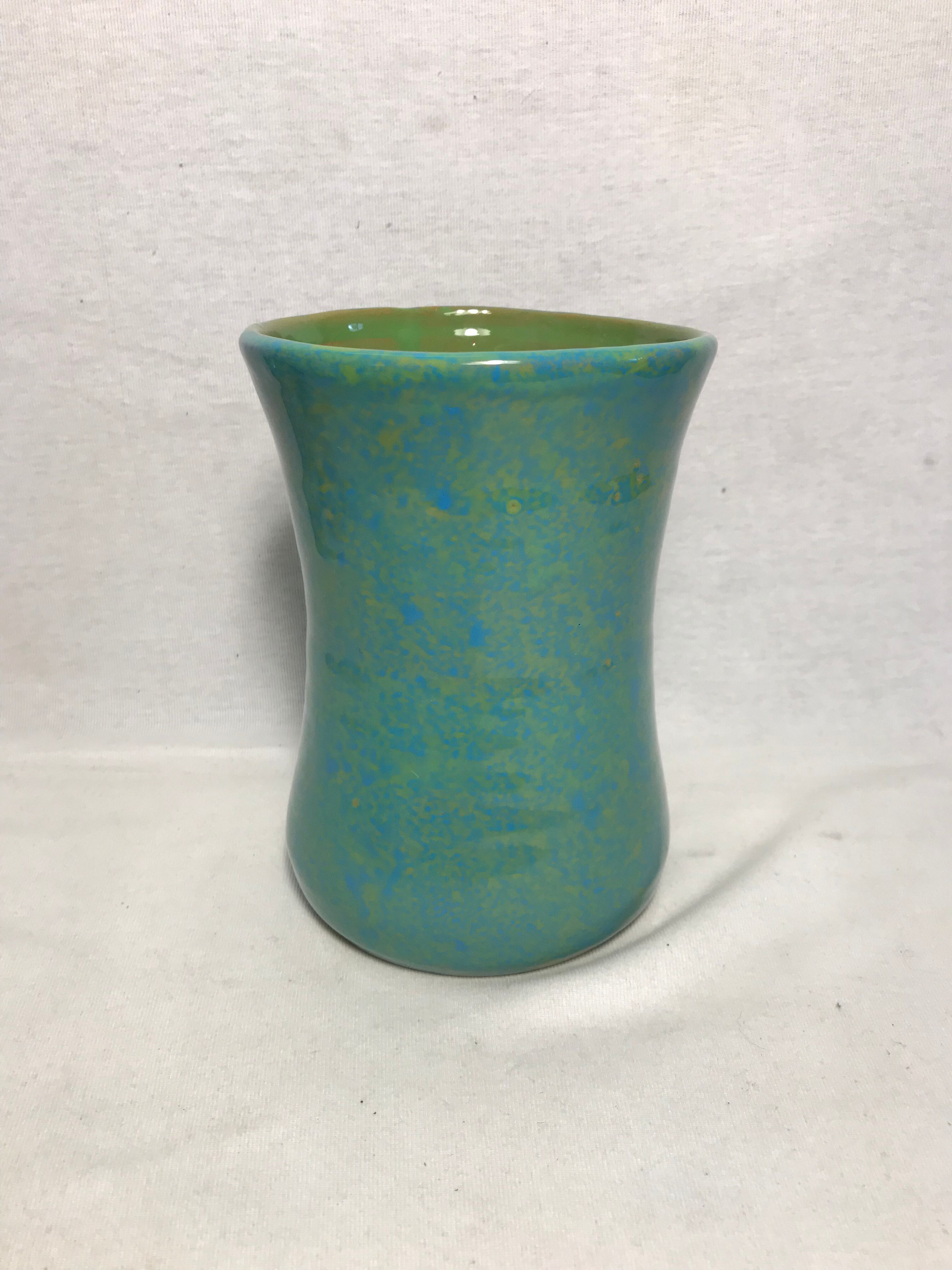 Old green blue decoration ceramic vase signed vintage
