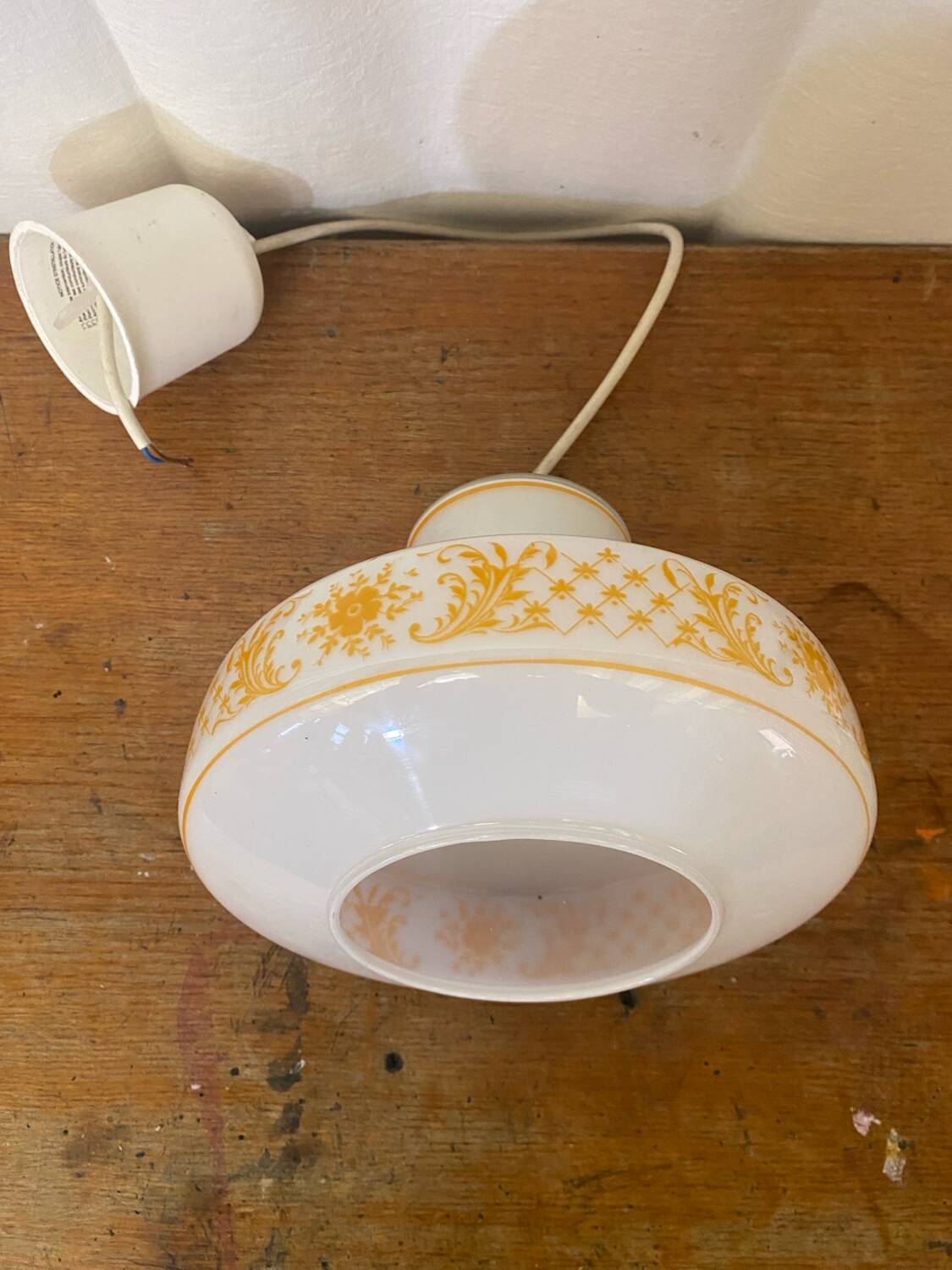 Antique White Opaline & Yellow Decor Pendant Light 70s Vintage