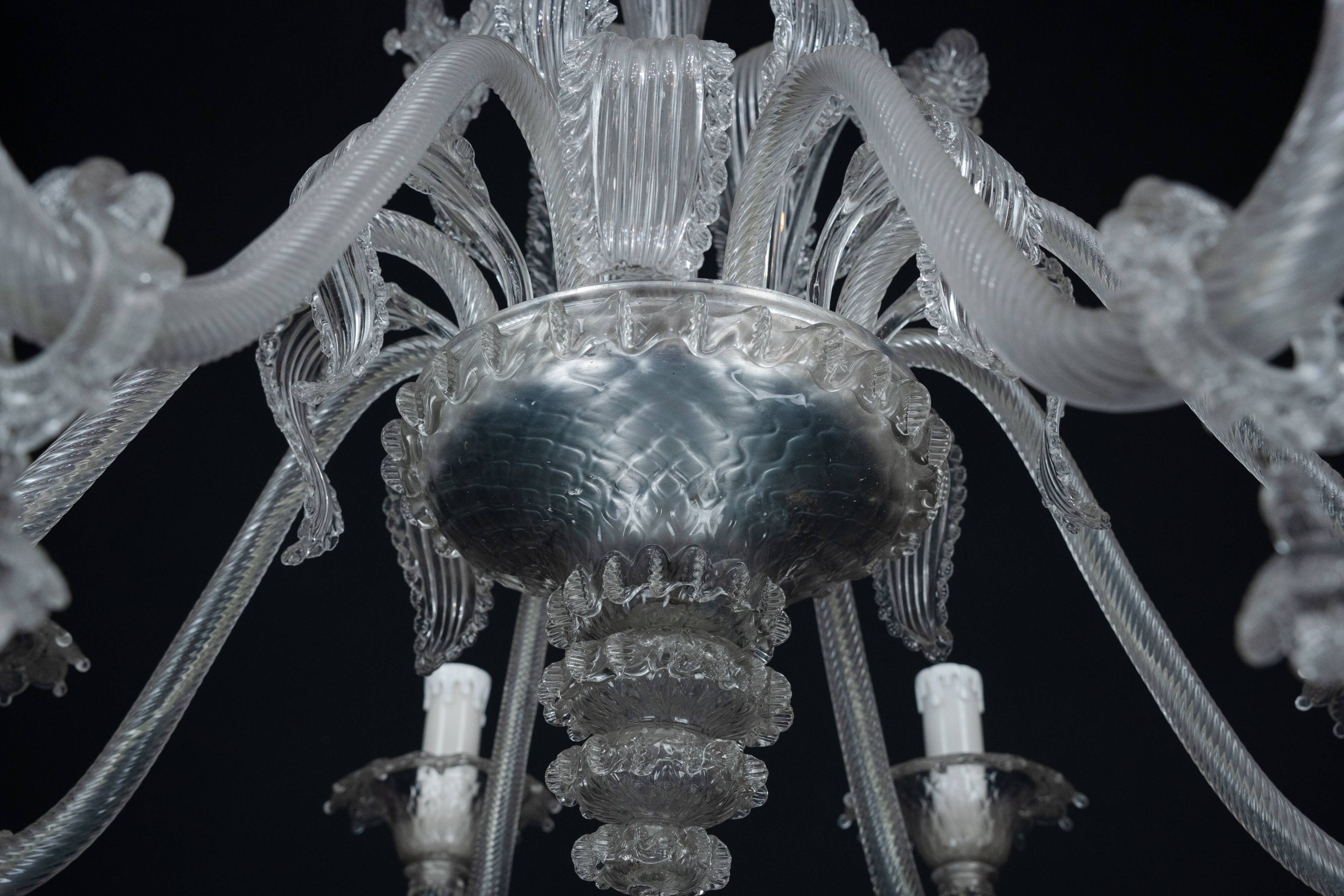 1940s Vintage Murano Clear Glass Chandelier, Classic Italian Art Glass