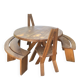 Round table + 2 chairs and 2 rounded benches suitable for the table.