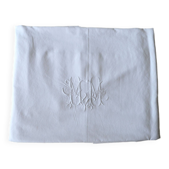 Drap ancien blanc brodé main et monogrammé