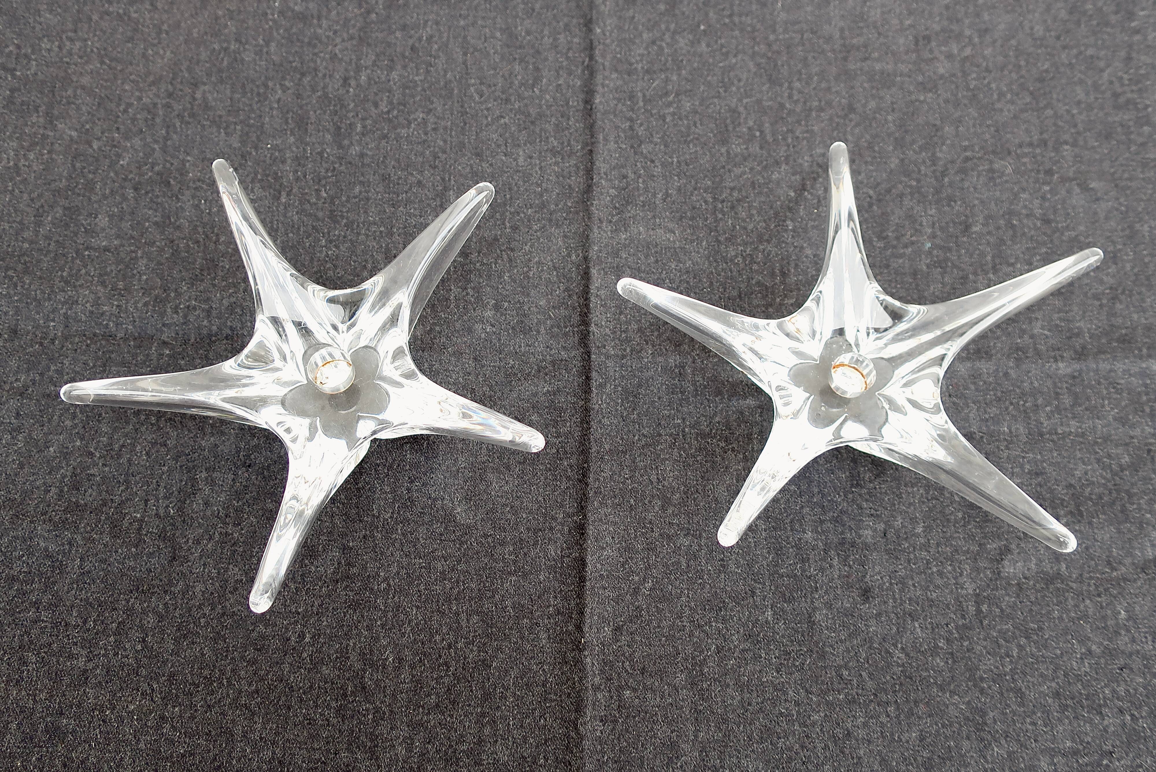 DAUM France pair of crystal candlesticks "Starfish" large model, 1960/1970