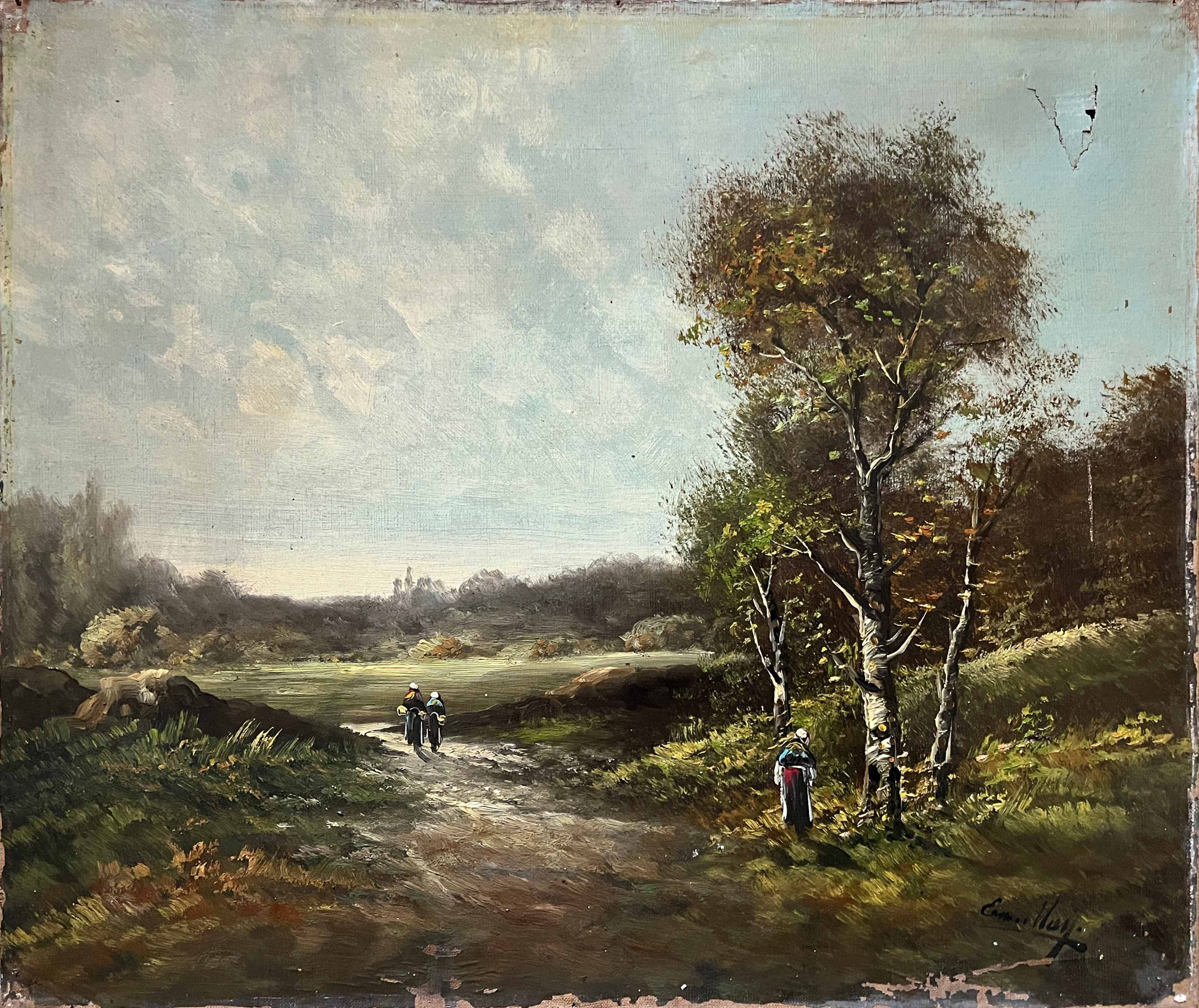 Table pendant of HST "Barbizon Landscape" signed (?) for restoration.