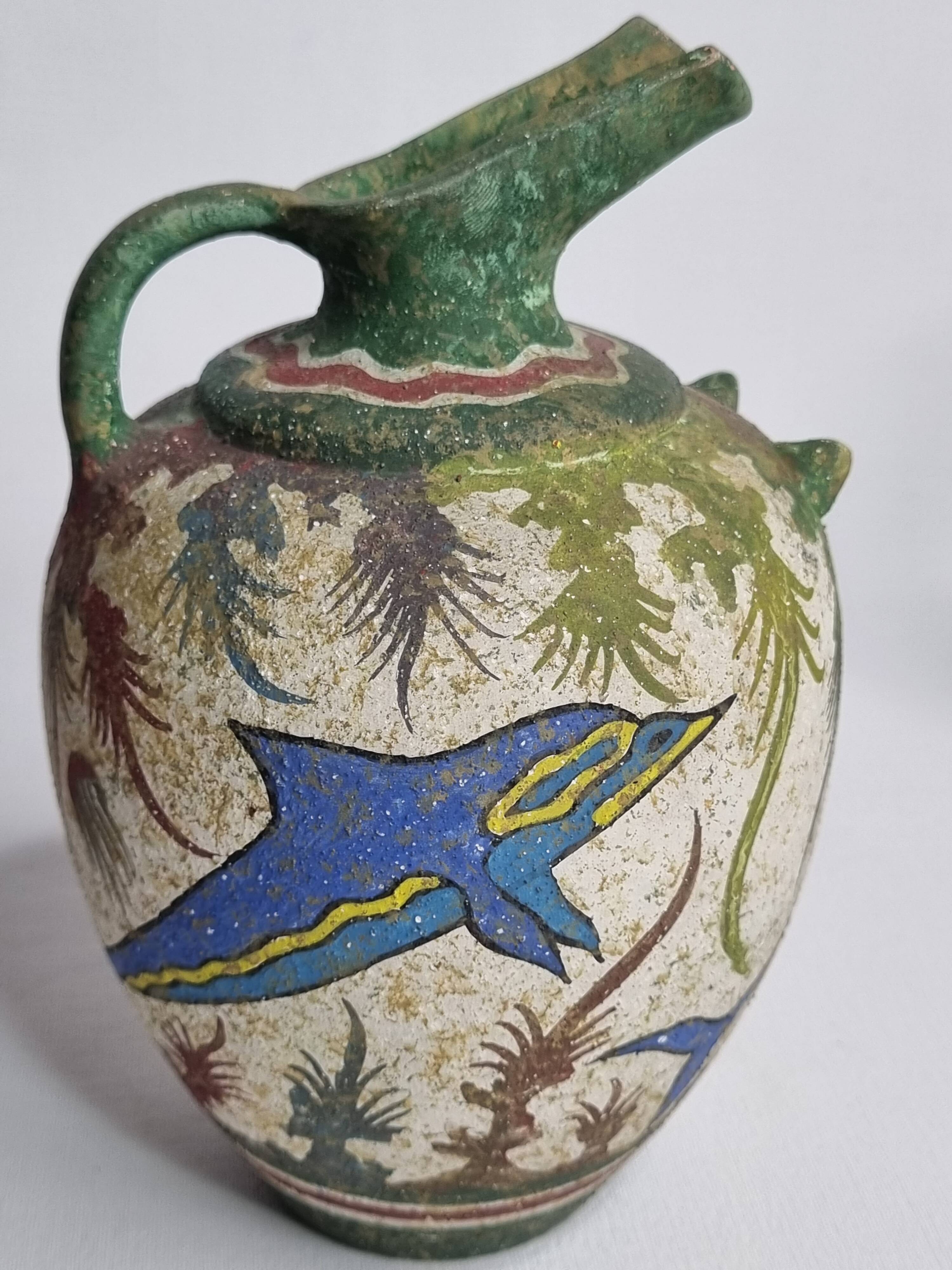 Ceramic vase, Ancient Cretan style, marine decoration with dolphins, 17 cm