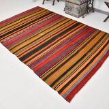 6x9 Green Orange Striped Turkish Vintage Kilim Rug 174x272Cm SK 2311