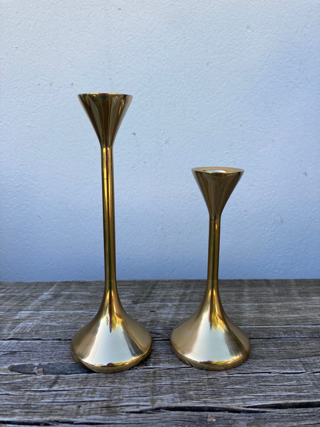 Duo of Scandinavian candle holders in gilded brass