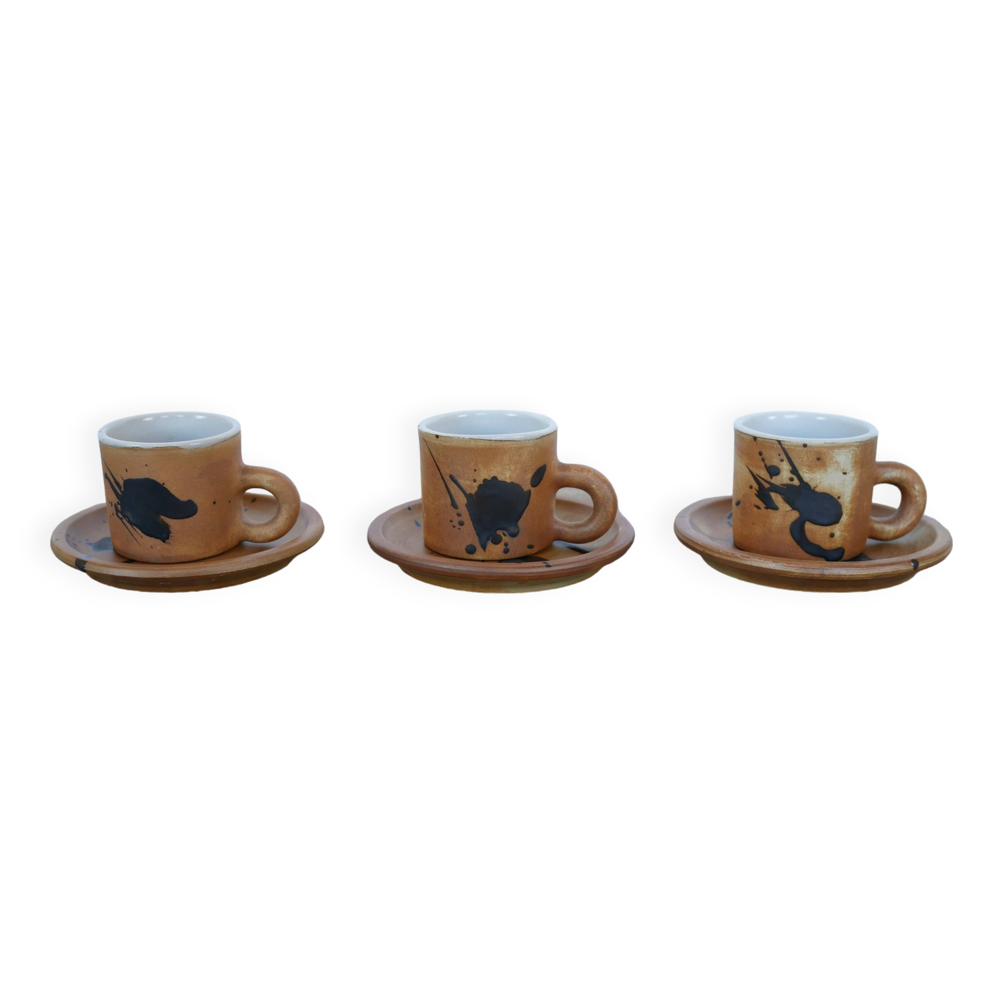 Series of 3 vintage stoneware cups and saucers by Madeleine Brault for Poterie de la Colombe