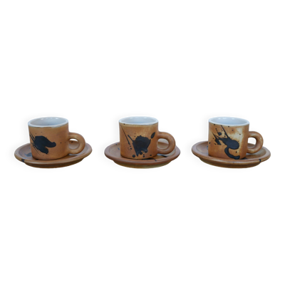 Série de 3 tasses et sous-tasses vintage en grès par Madeleine Brault pour la Poterie de la Colombe