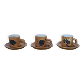 Series of 3 vintage stoneware cups and saucers by Madeleine Brault for Poterie de la Colombe