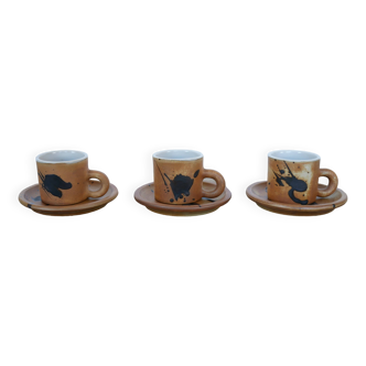 Series of 3 vintage stoneware cups and saucers by Madeleine Brault for Poterie de la Colombe