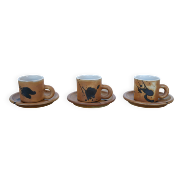 Series of 3 vintage stoneware cups and saucers by Madeleine Brault for Poterie de la Colombe