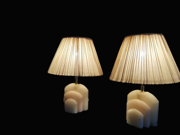 Pair of Art Deco marble alabaster pleated shade table lamps vintage