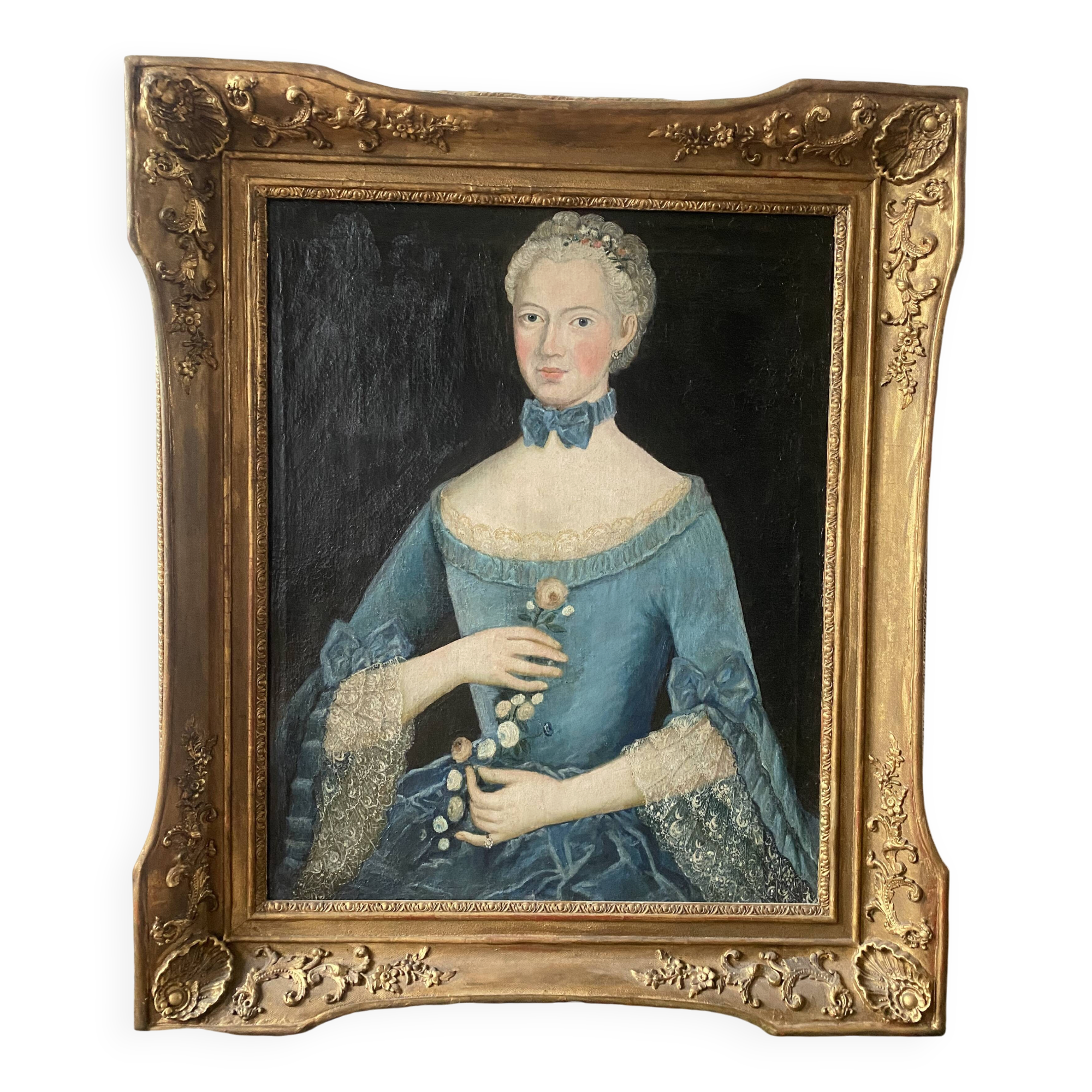 Louis XV table oil on canvas frame with gold leaf.