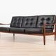 Scandinavian Three-Seat Sofa in Solid Wood and Black Leather, 1960s