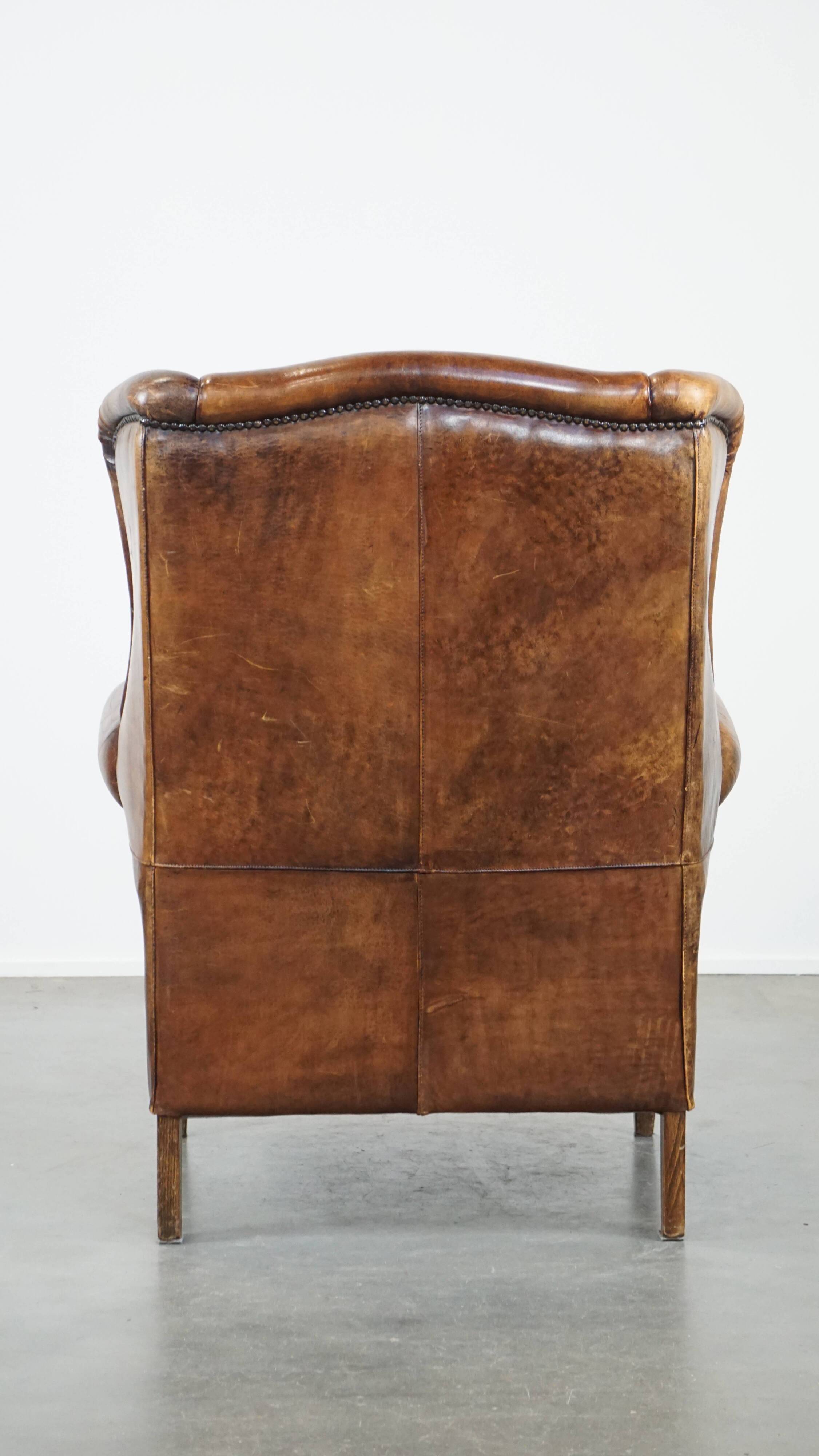 Large Vintage English-Style Sheepskin Leather Wingback Armchair