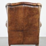 Large Vintage English-Style Sheepskin Leather Wingback Armchair