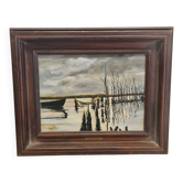 Peinture paysage avec cadre en bois