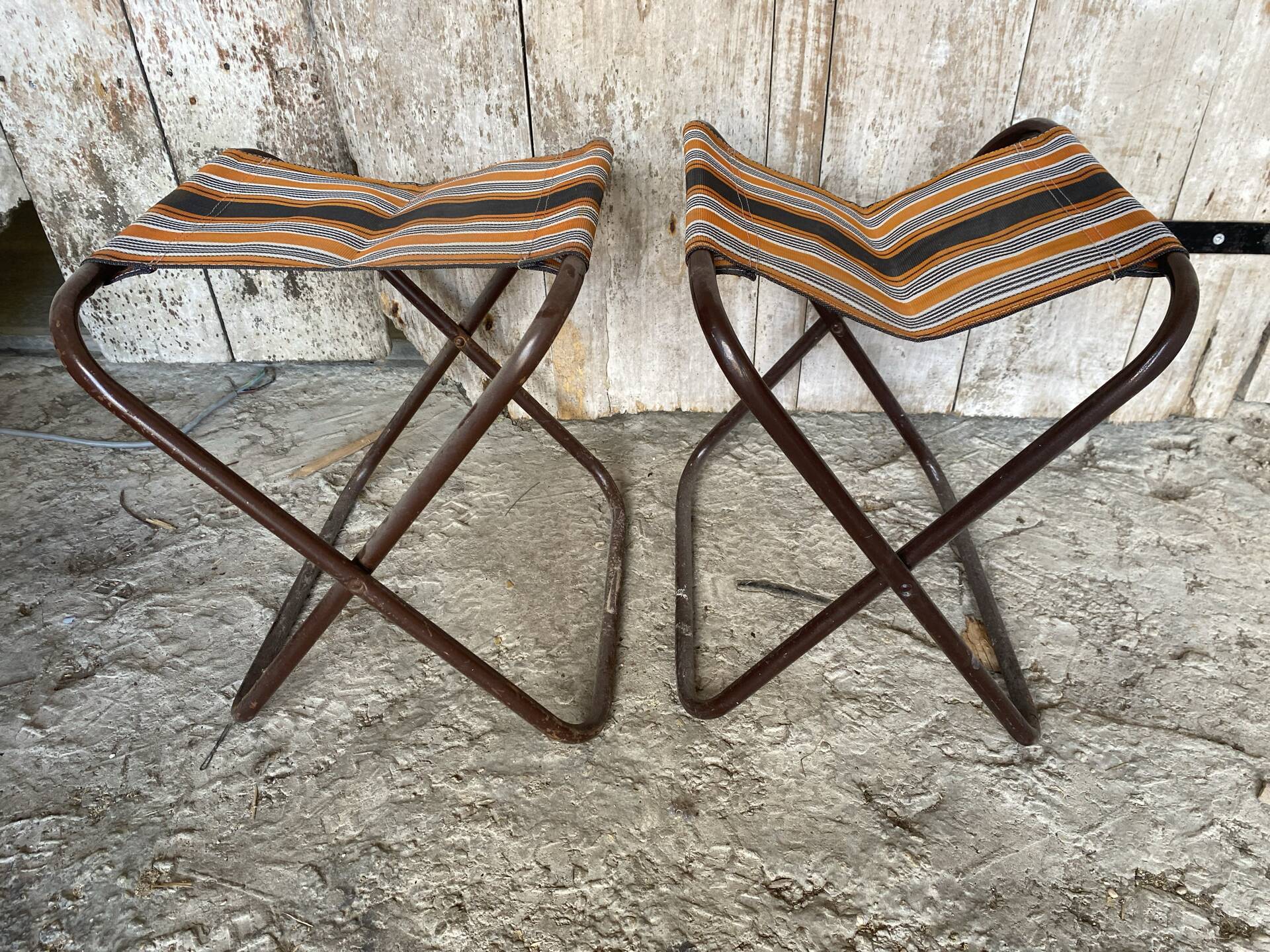 Pair of Folding Camping Fishing Stools Metal Tube + Vintage Fabric #E31