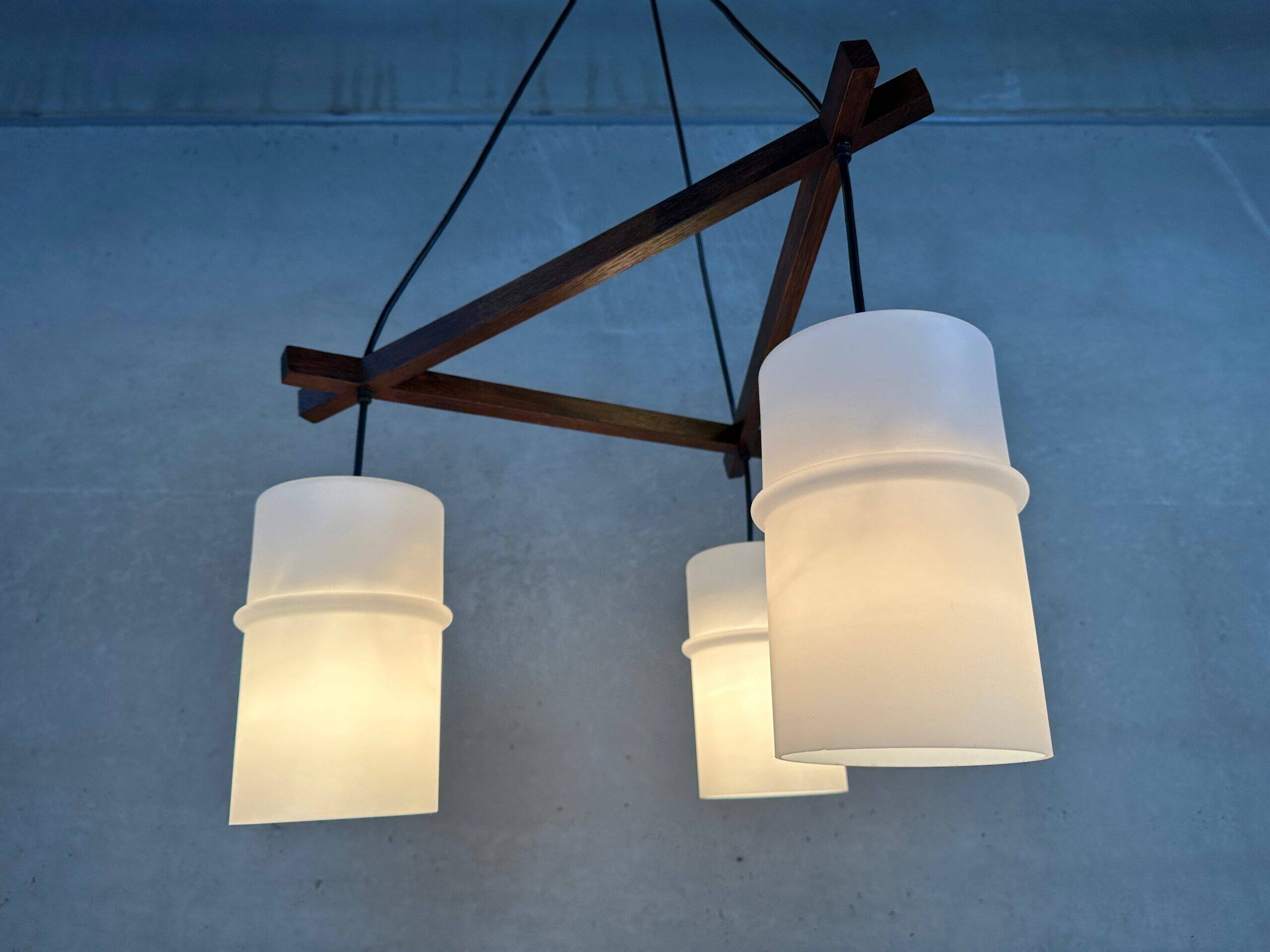 Vintage 'japandi' pendant lamp teak and opaline