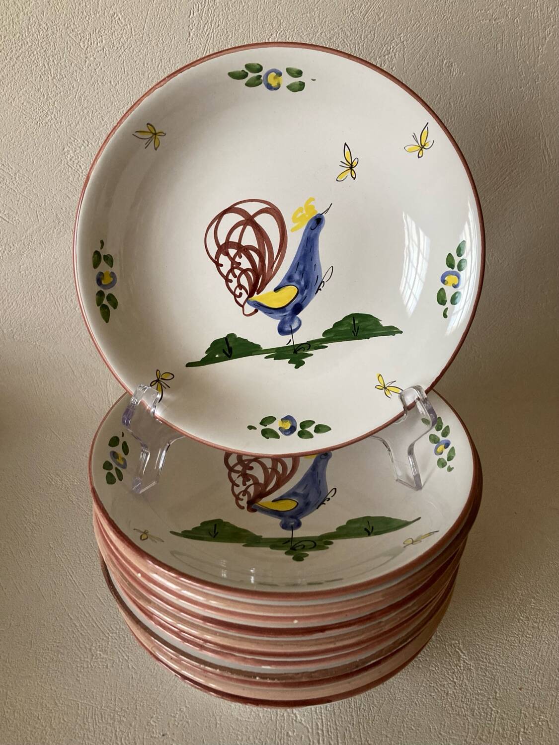 12 soup plates with calottes, Rooster La Rochelle decor, 18th century copy