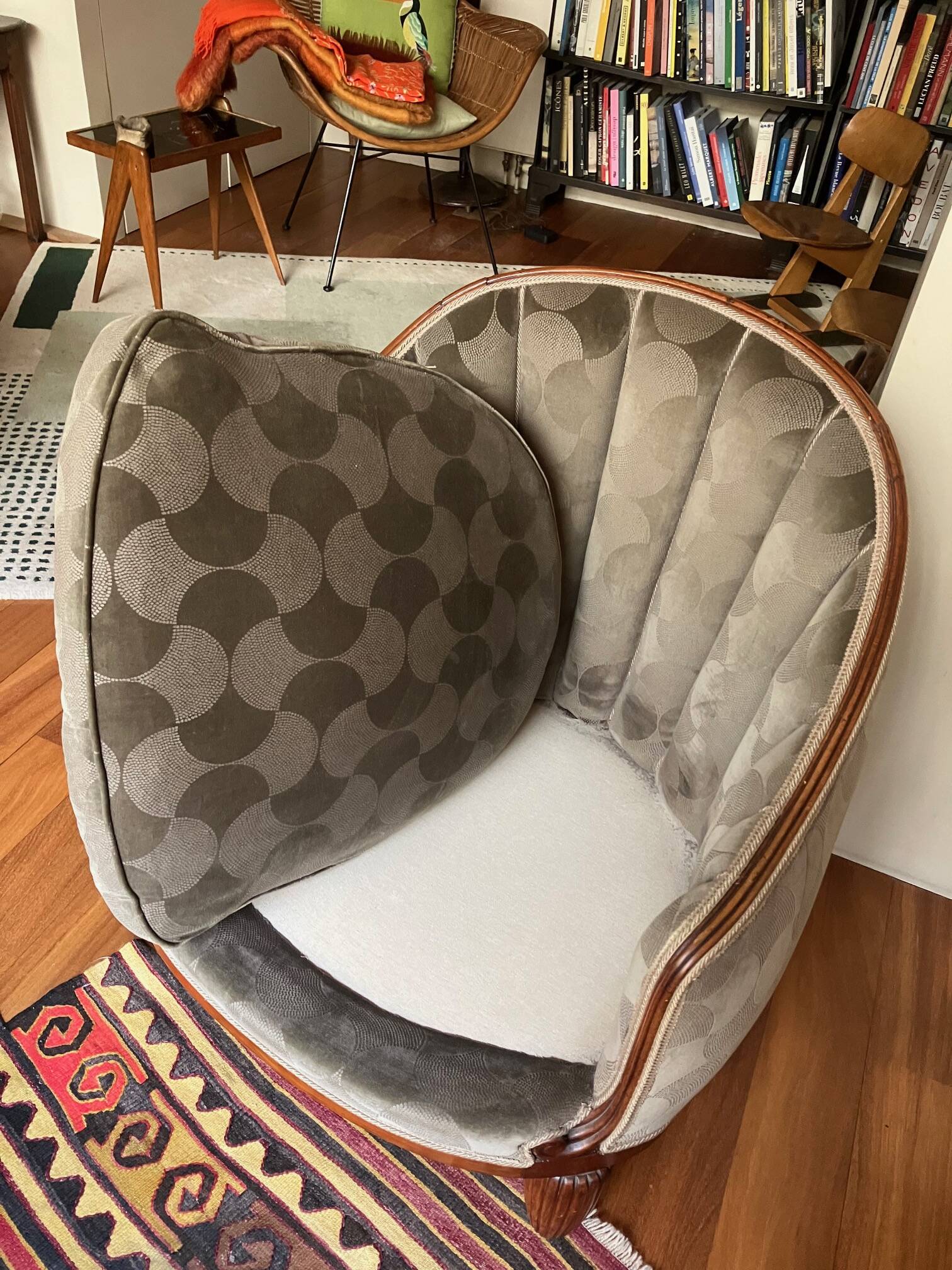1930s armchair, grey velvet, designer fabric