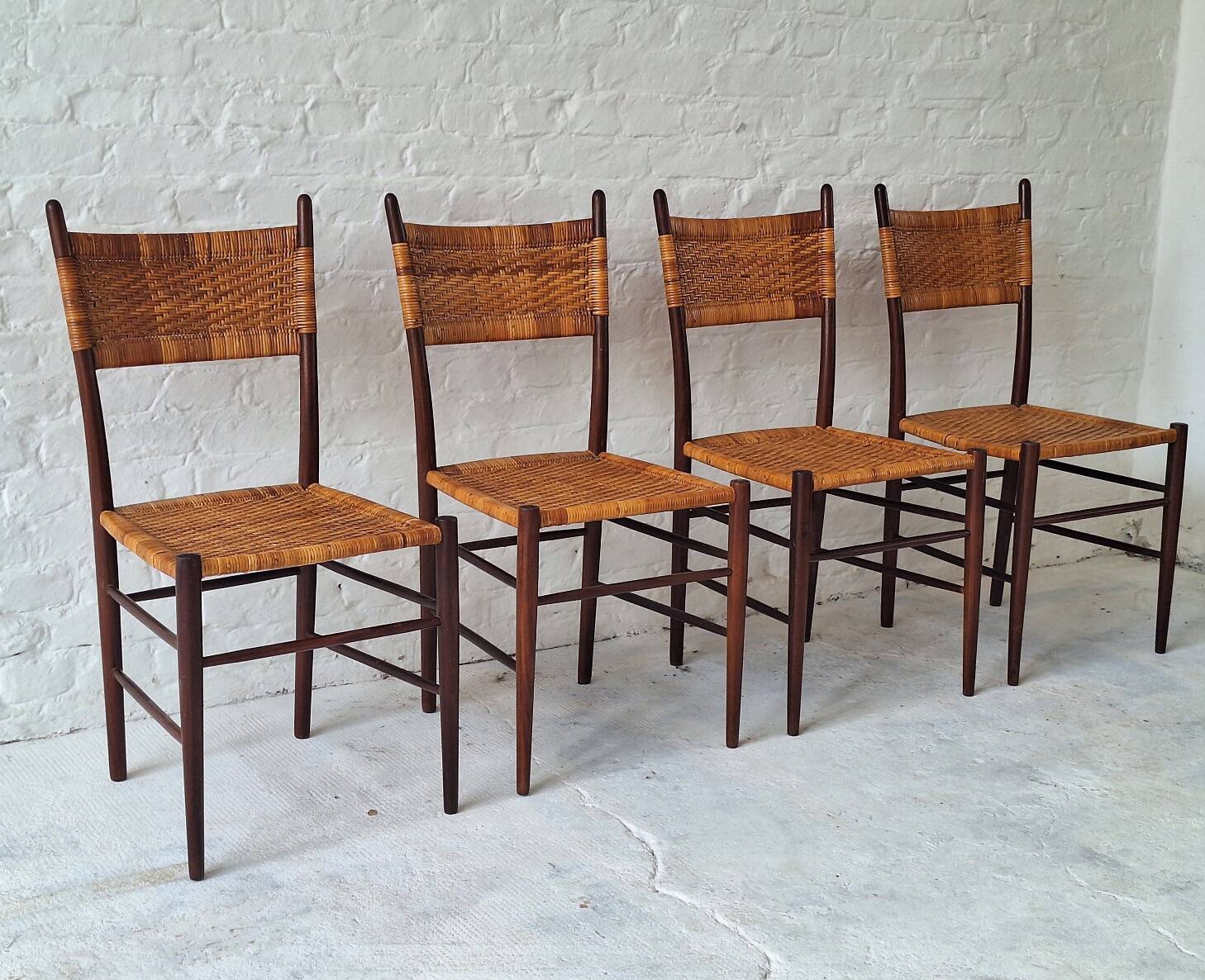 Four teak dining chairs with patinated cane after Gio Ponti, Italy 1960s
